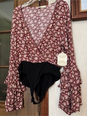 Altar'd State Burgundy Floral Wrap Bodysuit with Pink Blossoms